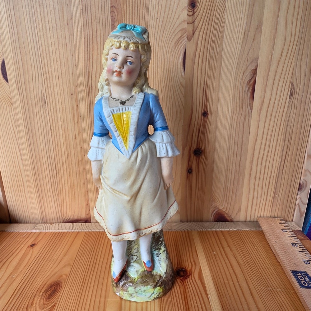 Antique German Bisque Porcelain Figurine Girl Blue Dress Hand Painted 9.5 Inch